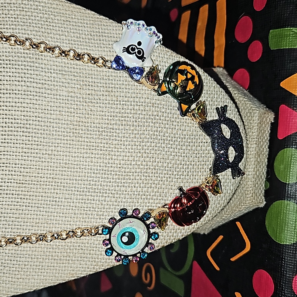 Betsey Johnson Boo To You Evil Eye, Cat, Pumpkin Ghost Necklace glows the dark